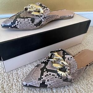 BCBGeneration Snake-Print Pointed Toe Mule with Gold Chain - Beige/Black